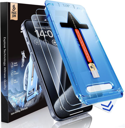 MAGIC JOHN 2 Pack for iPhone 15 Pro (6.1 inch) Tempered Glass Screen Protector, Auto Dust - Elimination Installation, Bubble Free, Dynamic Island Compatible, HD Clear, Easy Installation - 7DAY'S