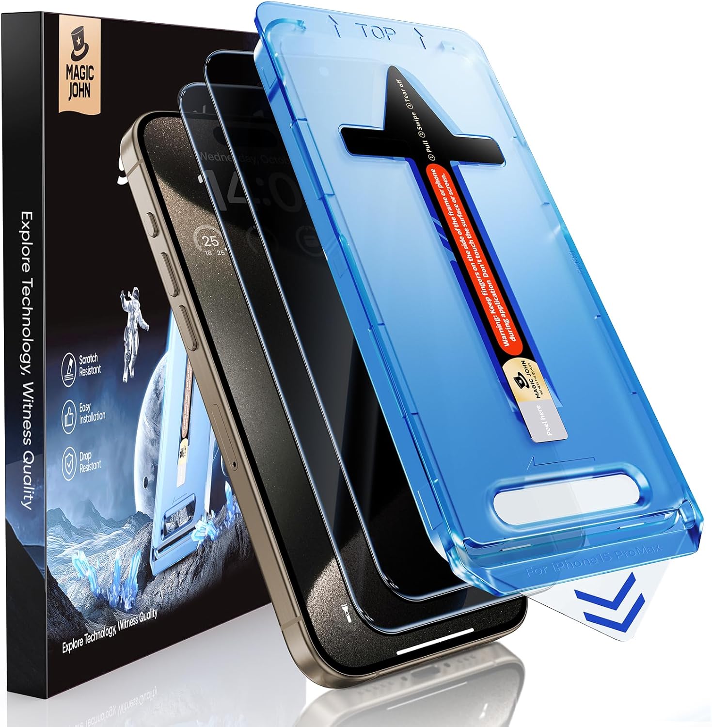 MAGIC JOHN 2 Pack for iPhone 15 Pro Max 6.7 inch Privacy Glass Screen Protector, Auto Dust - Elimination Installation, Bubble Free, Easy Installation - 7DAY'S