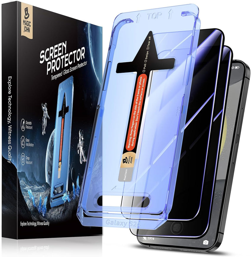 MAGIC JOHN 2 Pack for Samsung Galaxy S24 Privacy Glass Screen Protector[Not Ultra], 6.2inch, Anti - spy, Tempered Glass Film, Auto Dust - Elimination Installation, Bubble Free, Case Friendly, Anti - Scratch - 7DAY'S