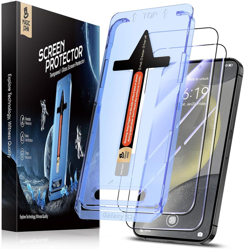 MAGIC JOHN 2 Pack for Samsung Galaxy S24 Tempered Glass Screen Protector, Auto Dust - Elimination Installation, Bubble Free, HD Clear, Easy Installation - 7DAY'S