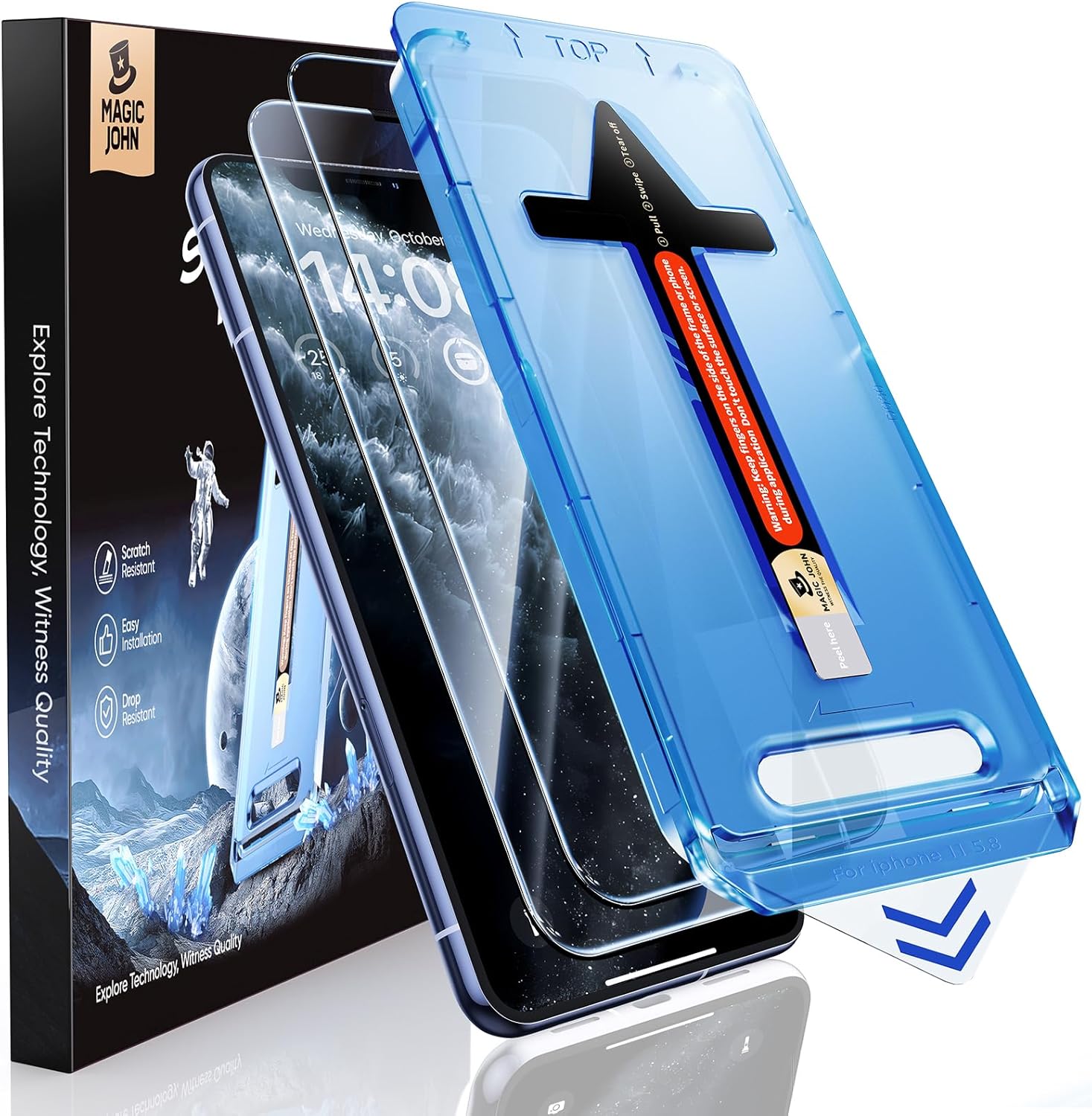 MAGIC JOHN 2 Pack Tempered Glass Screen Protector for iPhone 11 Pro/X/XS, Auto Dust - Elimination Installation, Bubble Free, HD Clear, Easy Installation - 7DAY'S
