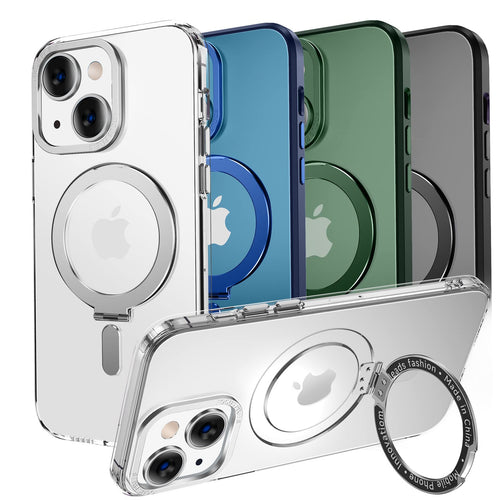 MAGIC JOHN for iPhone 13 Case/iPhone 14 Case(6.1 inch) [Compatible with Magsafe] [with Magnetic Metal Stand][Military Grade Shockproof][Anti Yellowing],Translucent Matte Back with Soft Edge,Black