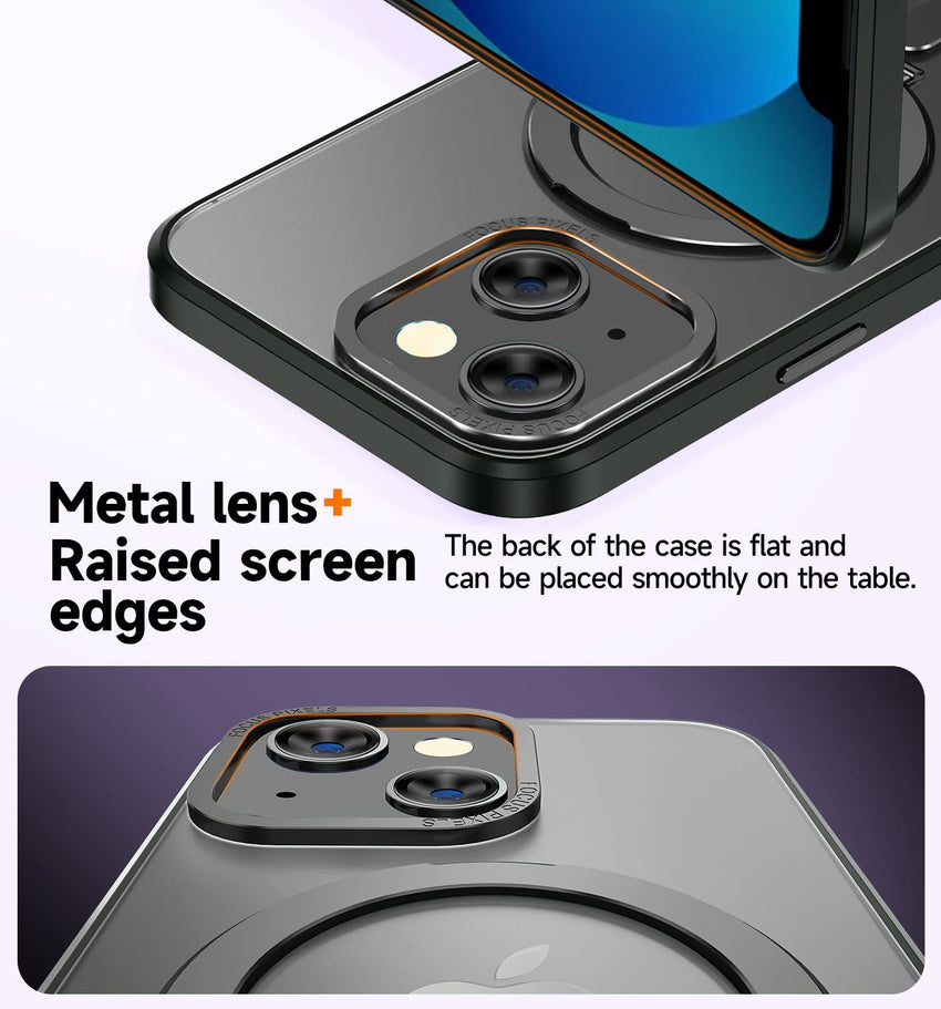 MAGIC JOHN for iPhone 13 Case/iPhone 14 Case(6.1 inch) [Compatible with Magsafe] [with Magnetic Metal Stand][Military Grade Shockproof][Anti Yellowing],Translucent Matte Back with Soft Edge,Black - 7DAY'S