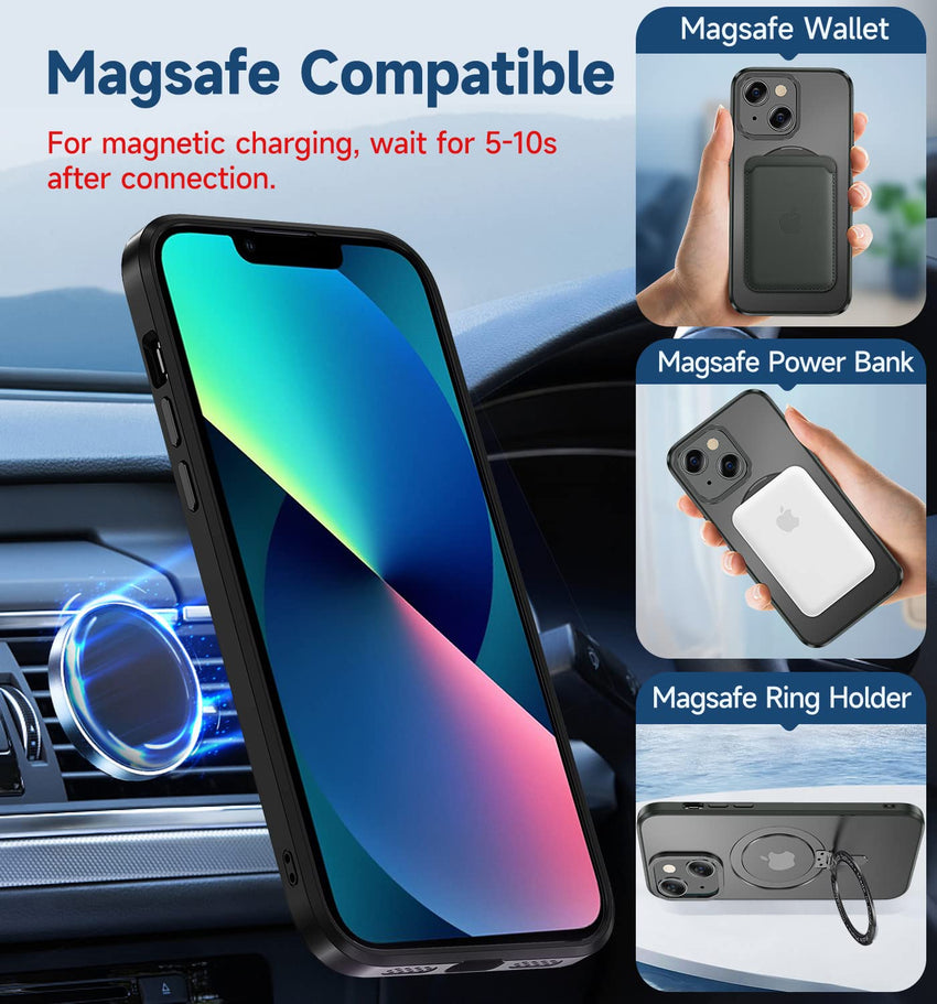 MAGIC JOHN for iPhone 13 Case/iPhone 14 Case(6.1 inch) [Compatible with Magsafe] [with Magnetic Metal Stand][Military Grade Shockproof][Anti Yellowing],Translucent Matte Back with Soft Edge,Black - 7DAY'S