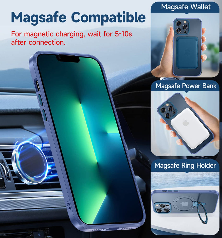 MAGIC JOHN Magnetic Case for iPhone 13 Pro Max Phone Case[Compatible with Magsafe] [with Magnetic Mental Stand][Military Grade Shockproof][Anti Yellowing],Translucent Matte Back with Soft Edge,Blue - 7DAY'S