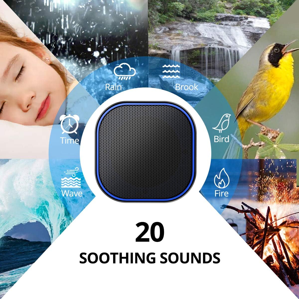 Magicteam Sound Machine White Noise Machine with 20 Non Looping Natural Soothing Sounds Memory Function 32 Levels of Volume Powered by AC or USB and Sleep Sound Timer Therapy for Baby Kids Adults - 7DAY'S