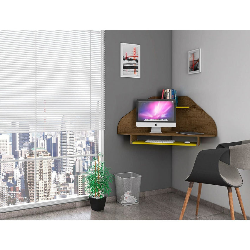 Manhattan Comfort Bradley Corner Desk with Keyboard Shelf in Rustic Brown and Yellow - 7DAY'S