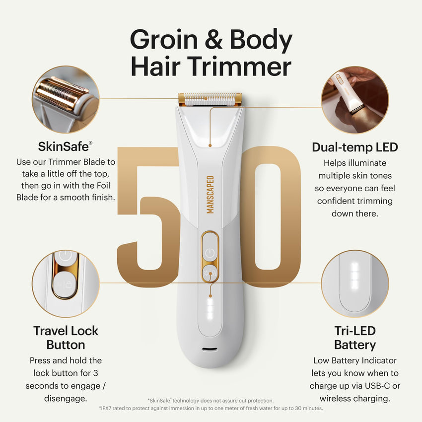 MANSCAPED® The Lawn Mower® 5.0 Ultra Groin & Body Hair Trimmer – Dual - Head SkinSafe® Trimmer & Foil Blades, Waterproof Wet/Dry Groomer, USB - C Rechargeable with Travel Case, Men’s Ball Shaver, Black - 7DAY'S