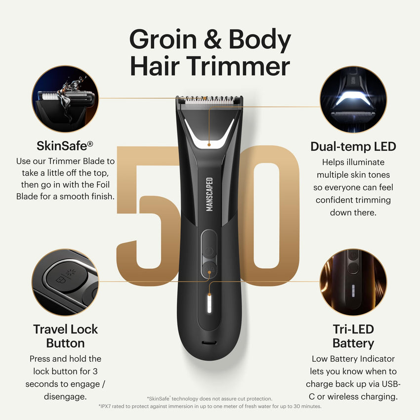 MANSCAPED® The Lawn Mower® 5.0 Ultra Groin & Body Hair Trimmer – Dual - Head SkinSafe® Trimmer & Foil Blades, Waterproof Wet/Dry Groomer, USB - C Rechargeable with Travel Case, Men’s Ball Shaver, Black - 7DAY'S