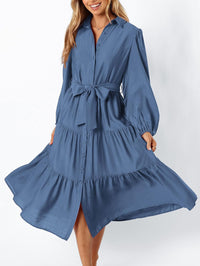 MASCOMODA Womens Dresses 2025 Fall Long Sleeve Midi Dress Casual V Neck Button Down Tiered Flowy Aline Tie Waist Shirt Dress - 7DAY'S