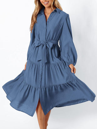 MASCOMODA Womens Dresses 2025 Fall Long Sleeve Midi Dress Casual V Neck Button Down Tiered Flowy Aline Tie Waist Shirt Dress - 7DAY'S