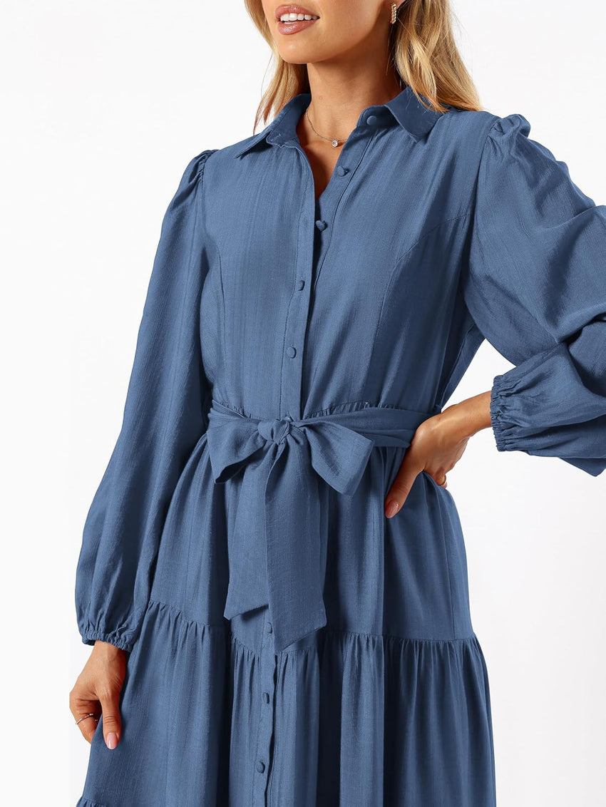 MASCOMODA Womens Dresses 2025 Fall Long Sleeve Midi Dress Casual V Neck Button Down Tiered Flowy Aline Tie Waist Shirt Dress - 7DAY'S