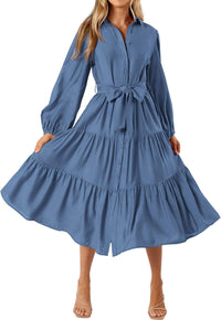 MASCOMODA Womens Dresses 2025 Fall Long Sleeve Midi Dress Casual V Neck Button Down Tiered Flowy Aline Tie Waist Shirt Dress - 7DAY'S
