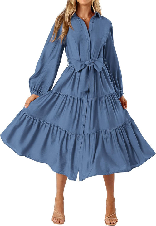 MASCOMODA Womens Dresses 2025 Fall Long Sleeve Midi Dress Casual V Neck Button Down Tiered Flowy Aline Tie Waist Shirt Dress