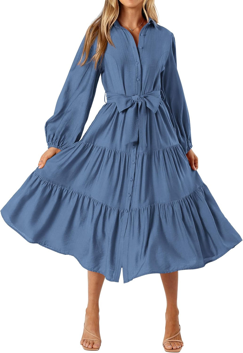 MASCOMODA Womens Dresses 2025 Fall Long Sleeve Midi Dress Casual V Neck Button Down Tiered Flowy Aline Tie Waist Shirt Dress - 7DAY'S