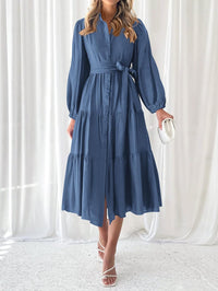 MASCOMODA Womens Dresses 2025 Fall Long Sleeve Midi Dress Casual V Neck Button Down Tiered Flowy Aline Tie Waist Shirt Dress - 7DAY'S