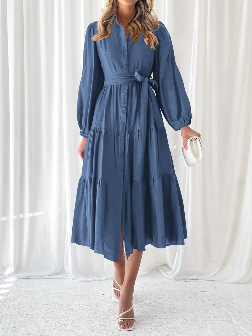 MASCOMODA Womens Dresses 2025 Fall Long Sleeve Midi Dress Casual V Neck Button Down Tiered Flowy Aline Tie Waist Shirt Dress - 7DAY'S