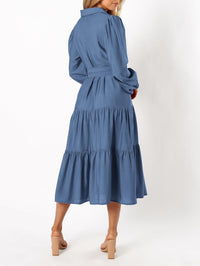 MASCOMODA Womens Dresses 2025 Fall Long Sleeve Midi Dress Casual V Neck Button Down Tiered Flowy Aline Tie Waist Shirt Dress - 7DAY'S