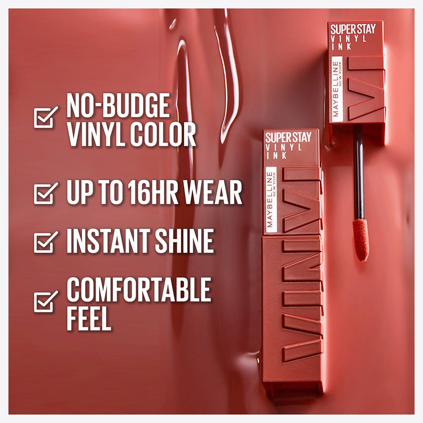 Maybelline Super Stay Vinyl Ink Longwear No - Budge Liquid Lipcolor Makeup, Highly Pigmented Color and Instant Shine, Cheeky, Rose Nude Lipstick, 0.14 fl oz, 1 Count - 7DAY'S