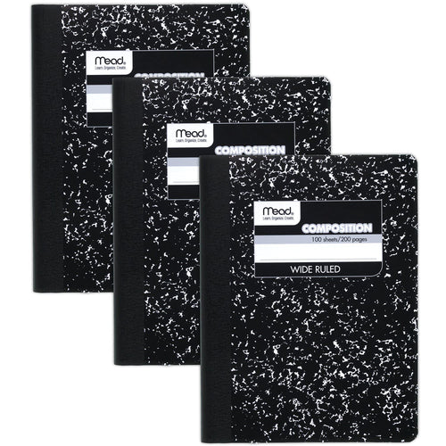 Mead Composition Notebook, 3 Pack, Wide Ruled Paper, 7 - 1/2" x 9 - 3/4", 100 Sheets per Comp Book, Black Marble (38301) - 7DAY'S