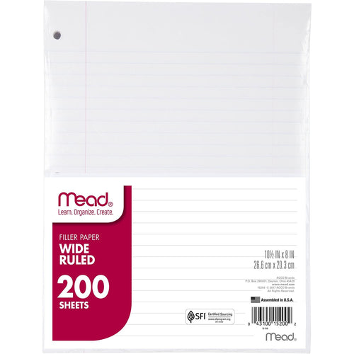 Mead Loose Leaf Paper, Wide Ruled Filler Notebook Paper, 8" x 10 - 1/2", 200 Sheets, Fits 3 - Ring Binder (15200) - 7DAY'S