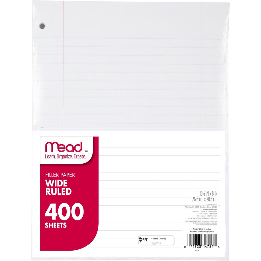 Mead Loose Leaf Paper, Wide Ruled Filler Notebook Paper, 8" x 10 - 1/2", 200 Sheets, Fits 3 - Ring Binder (15200) - 7DAY'S