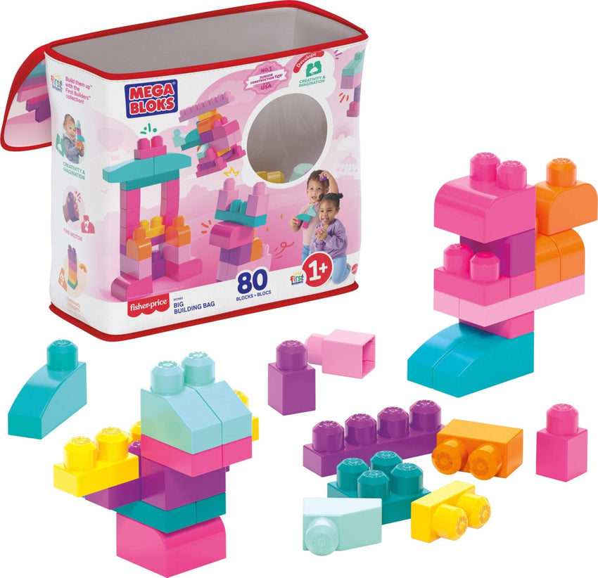 MEGA BLOKS First Builders Toddler Blocks Toys Set, Big Building Bag with 80 Pieces and Storage, Blue, Ages 1+ Years - 7DAY'S
