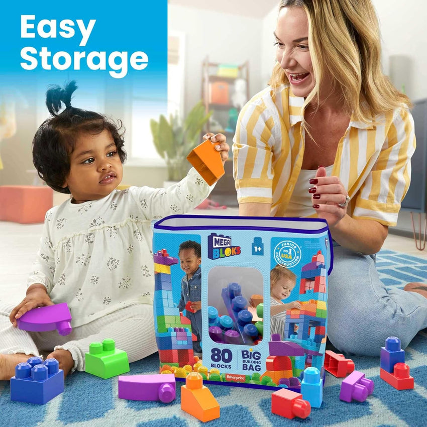 MEGA BLOKS First Builders Toddler Blocks Toys Set, Big Building Bag with 80 Pieces and Storage, Blue, Ages 1+ Years - 7DAY'S