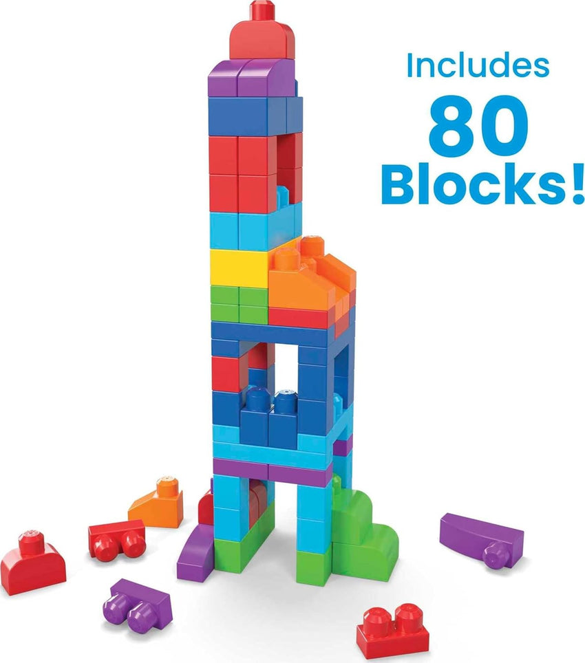MEGA BLOKS First Builders Toddler Blocks Toys Set, Big Building Bag with 80 Pieces and Storage, Blue, Ages 1+ Years - 7DAY'S
