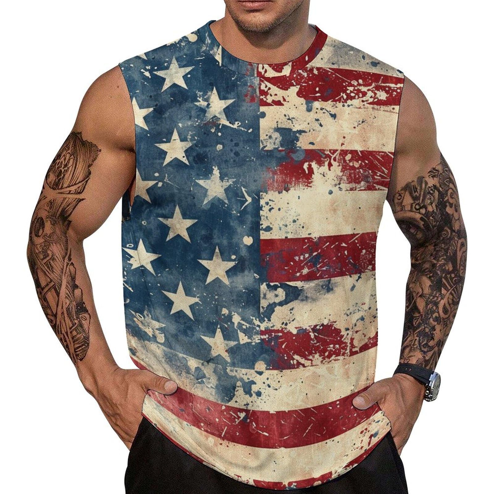 Mens American Flag Tank Top Summer Sleeveless Shirts 4th of July Gym Beach Novelty Workout Tees - 7DAY'S