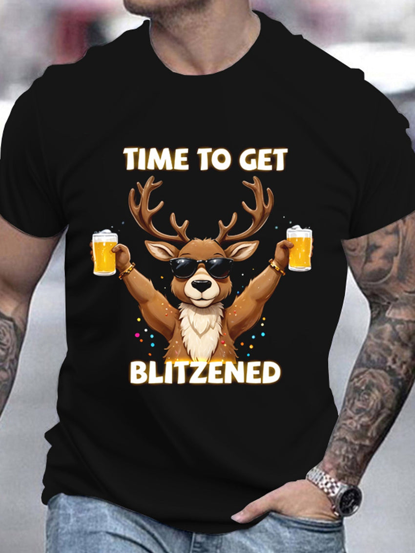 Men's Christmas Deer And Beer 3D Printed T-shirt - Casual Round Neck Short Sleeve, Breathable Polyester Fiber Summer Top - 7DAY'S