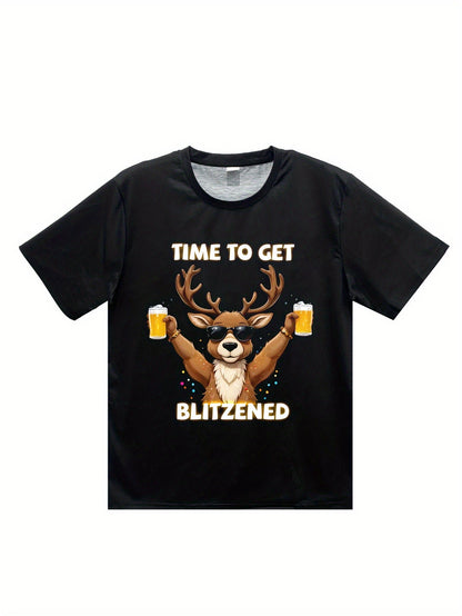 Men's Christmas Deer And Beer 3D Printed T-shirt - Casual Round Neck Short Sleeve, Breathable Polyester Fiber Summer Top - 7DAY'S