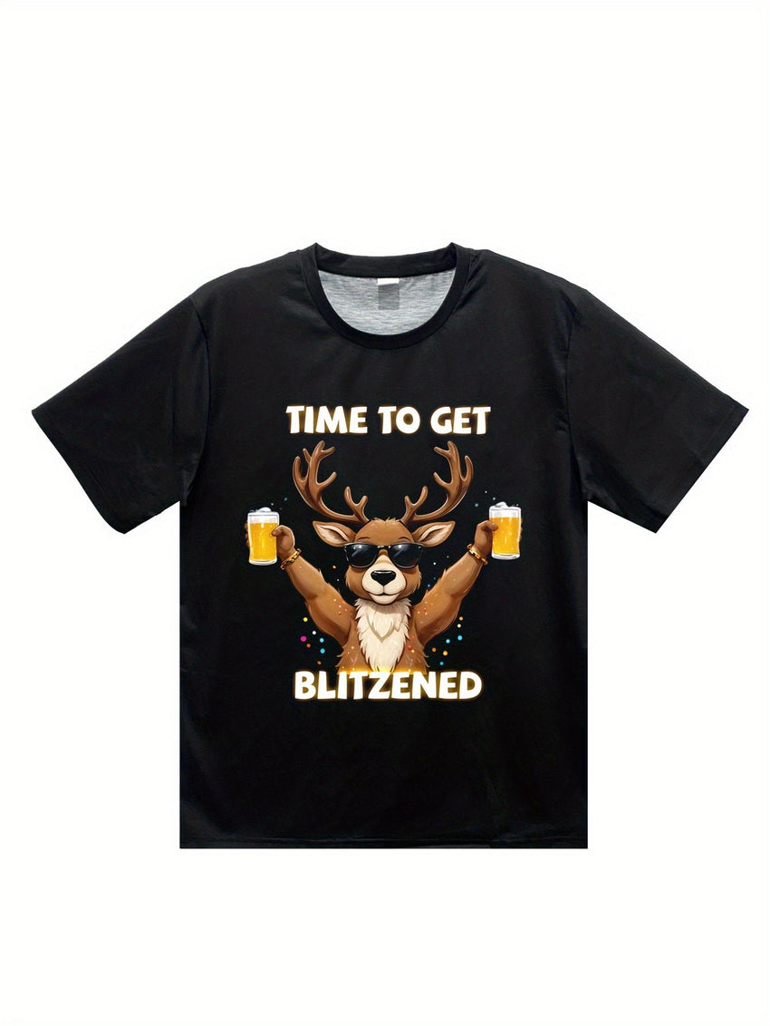 Men's Christmas Deer And Beer 3D Printed T-shirt - Casual Round Neck Short Sleeve, Breathable Polyester Fiber Summer Top - 7DAY'S