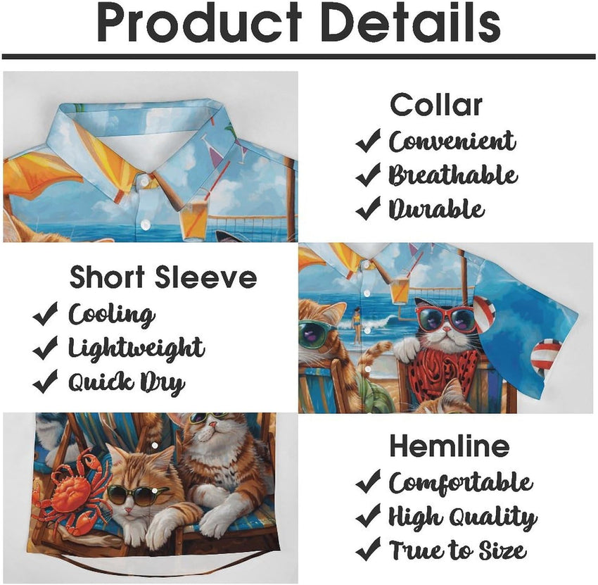 Men's Hawaiian Beach Dog Cat Shirt Short Sleeve Aloha Shirt Floral Button Down Tropical Hawaii Shirts - 7DAY'S