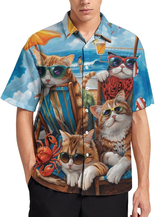 Men's Hawaiian Beach Dog Cat Shirt Short Sleeve Aloha Shirt Floral Button Down Tropical Hawaii Shirts - 7DAY'S