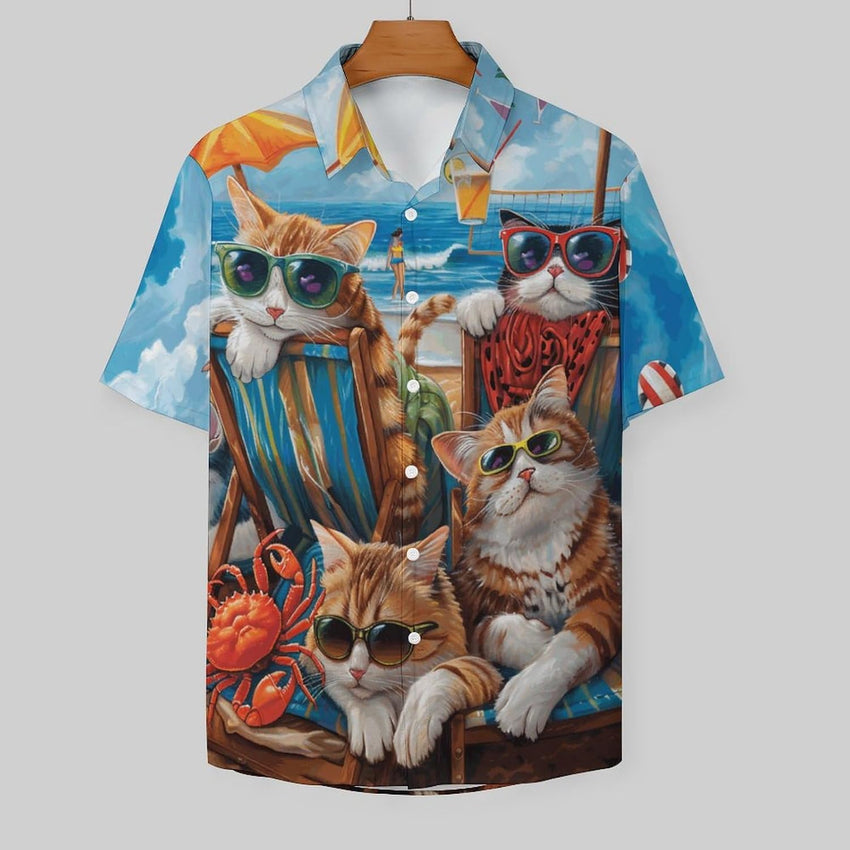 Men's Hawaiian Beach Dog Cat Shirt Short Sleeve Aloha Shirt Floral Button Down Tropical Hawaii Shirts - 7DAY'S