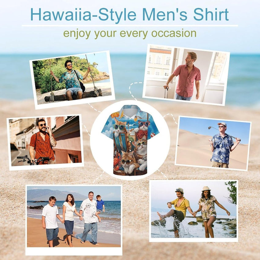 Men's Hawaiian Beach Dog Cat Shirt Short Sleeve Aloha Shirt Floral Button Down Tropical Hawaii Shirts - 7DAY'S