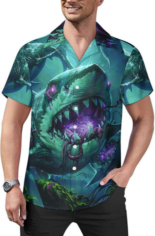 Mens Hawaiian Shark Shirts Short Sleeve Button Up Beach Summer Button Down Hawaiian Trippy Shirt for Men Women - 7DAY'S
