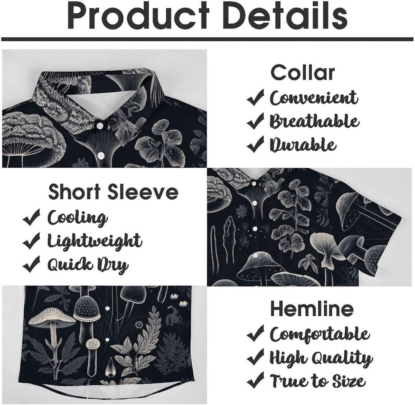 Mens Mushroom Button Down Shirt Short Sleeve Shirts Novelty Hawaiian Holiday Summer Funny Tops - 7DAY'S