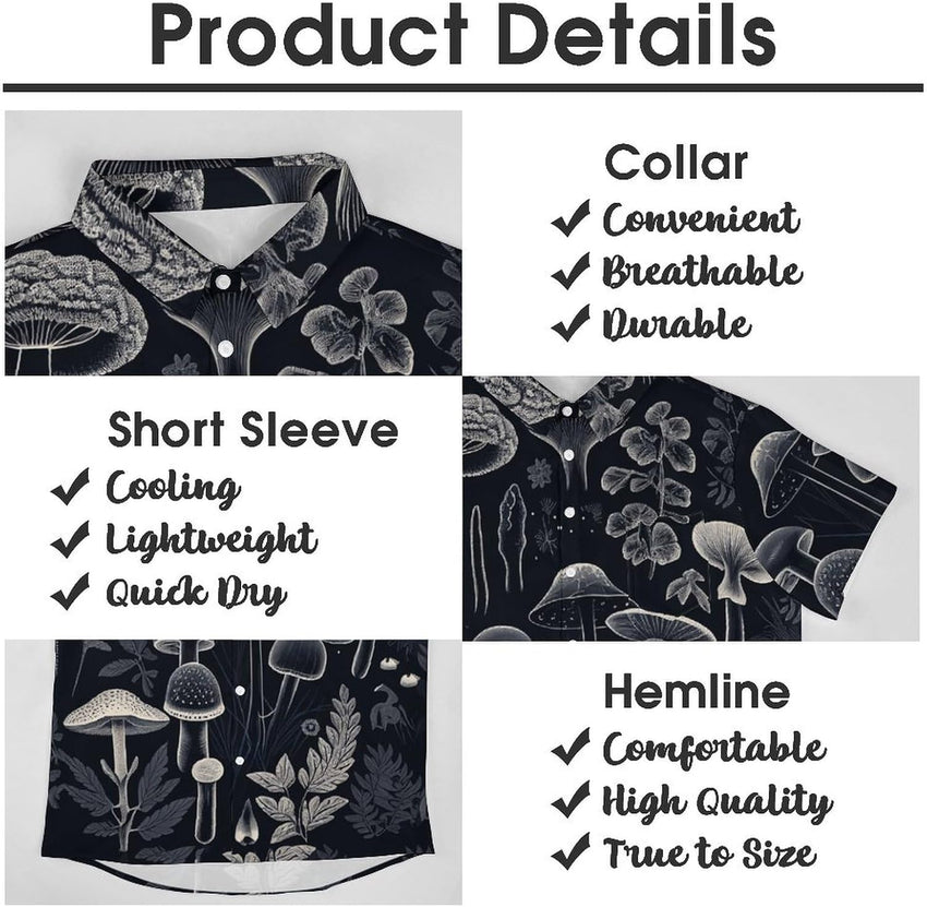 Mens Mushroom Button Down Shirt Short Sleeve Shirts Novelty Hawaiian Holiday Summer Funny Tops - 7DAY'S
