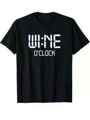 Men's Wine O'Clock Graphic T-Shirt - Black Casual Short Sleeve Crew Neck Tee with White Pixelated Print, Perfect for