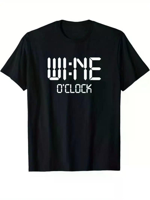 Men's Wine O'Clock Graphic T-Shirt - Black Casual Short Sleeve Crew Neck Tee with White Pixelated Print, Perfect for