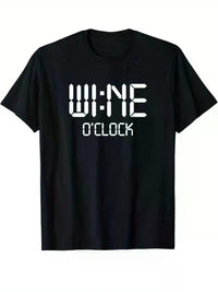 Men's Wine O'Clock Graphic T-Shirt - Black Casual Short Sleeve Crew Neck Tee with White Pixelated Print, Perfect for - 7DAY'S