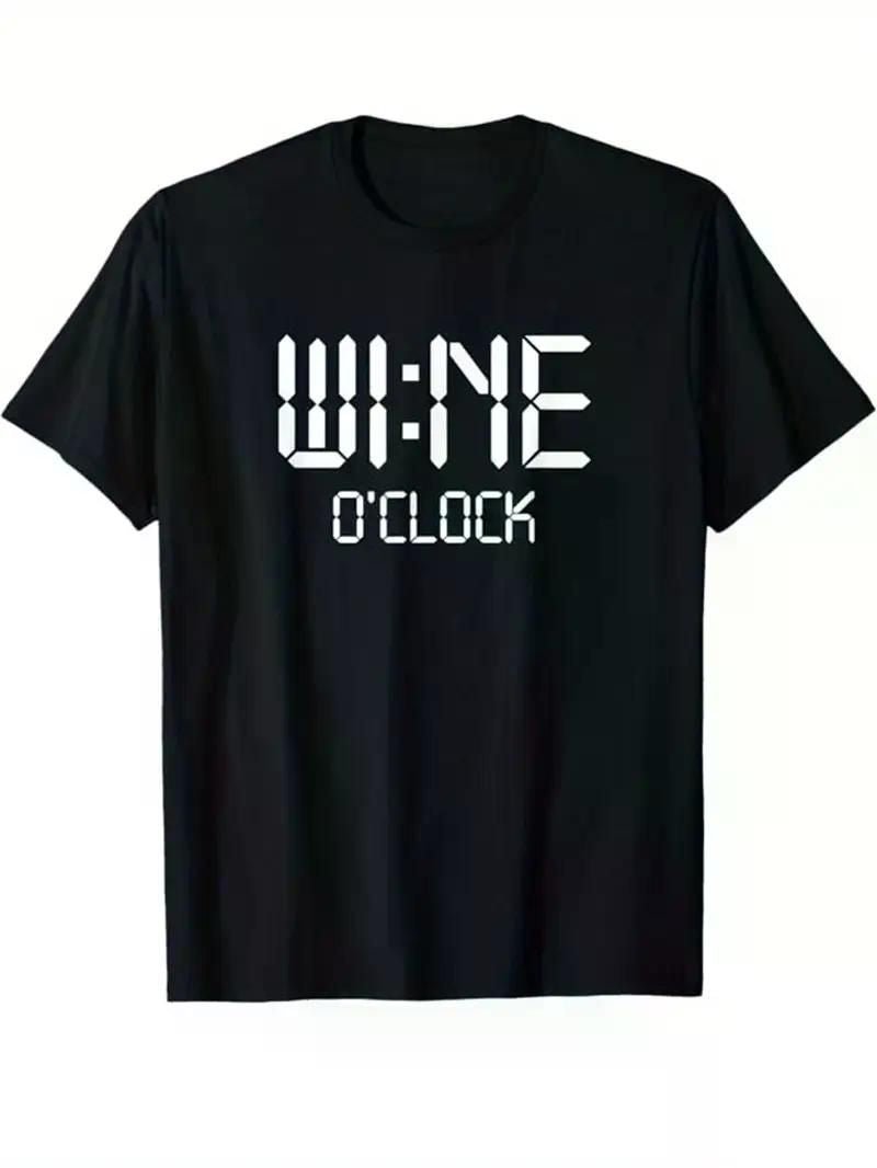 Men's Wine O'Clock Graphic T-Shirt - Black Casual Short Sleeve Crew Neck Tee with White Pixelated Print, Perfect for - 7DAY'S
