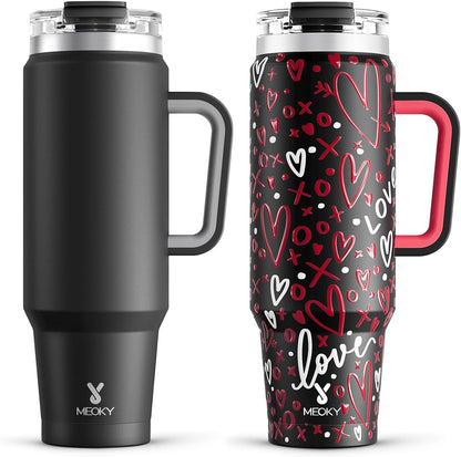 Meoky 40 oz Tumbler with Handle and Straw 2 Pack, Insulated Tumbler with Lid and Straw, Stainless Steel Travel Mug, Keeps Cold for 34 Hours, 100% Leak Proof, Fits in Car Cup Holder (Night & Romance) - 7DAY'S