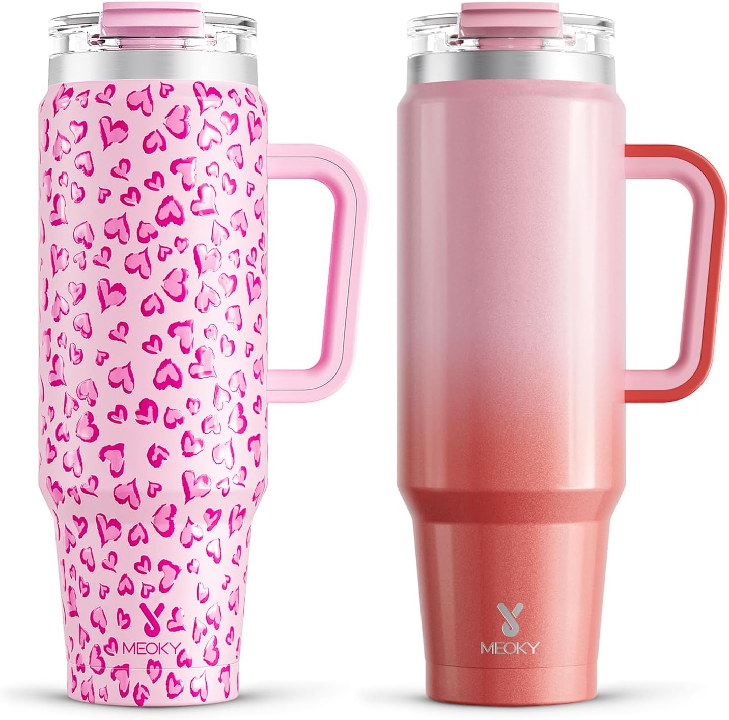 Meoky 40 oz Tumbler with Handle and Straw 2 Pack, Insulated Tumbler with Lid and Straw, Stainless Steel Travel Mug, Keeps Cold for 34 Hours, 100% Leak Proof, Fits in Car Cup Holder (Love & Flamingo) - 7DAY'S