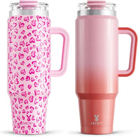 Meoky 40 oz Tumbler with Handle and Straw 2 Pack, Insulated Tumbler with Lid and Straw, Stainless Steel Travel Mug, Keeps Cold for 34 Hours, 100% Leak Proof, Fits in Car Cup Holder (Love & Flamingo) - 7DAY'S