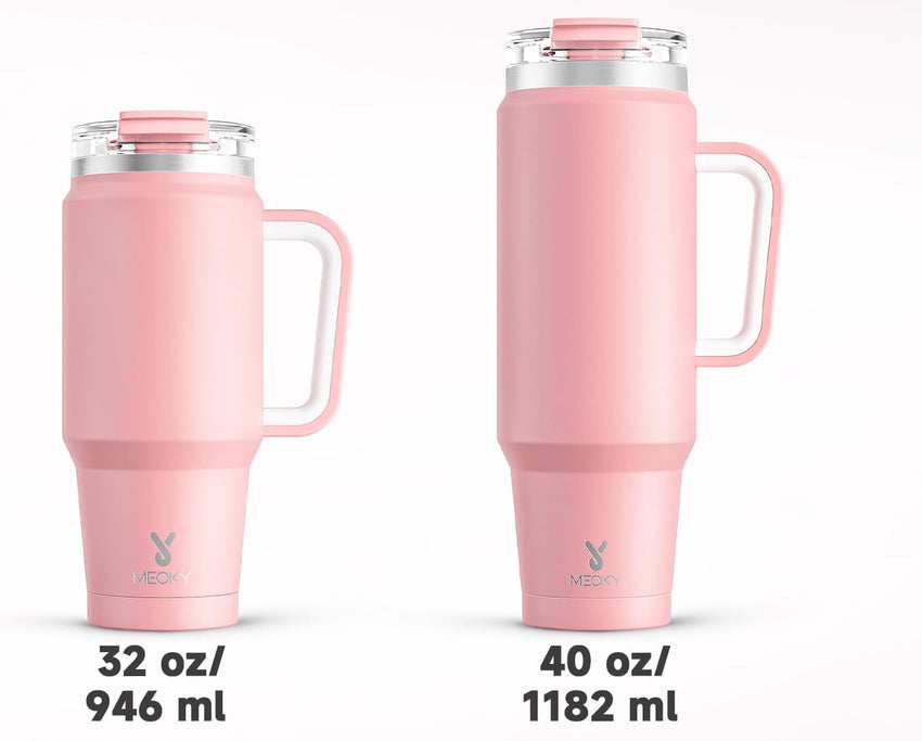 Meoky 40 oz Tumbler with Handle and Straw 2 Pack, Insulated Tumbler with Lid and Straw, Stainless Steel Travel Mug, Keeps Cold for 34 Hours, 100% Leak Proof, Fits in Car Cup Holder (Blush & Love) - 7DAY'S