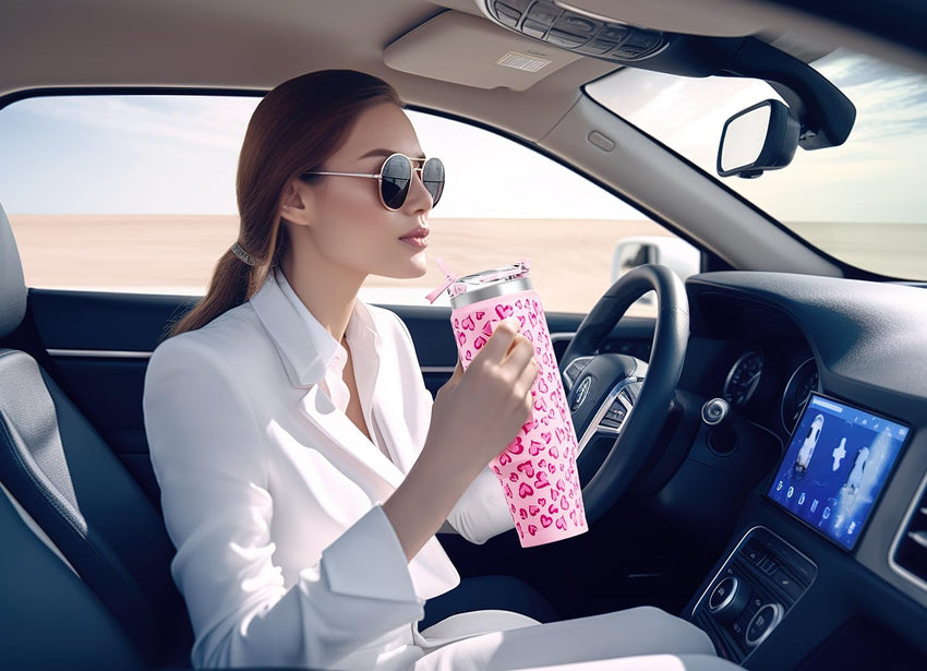 Meoky 40 oz Tumbler with Handle and Straw 2 Pack, Insulated Tumbler with Lid and Straw, Stainless Steel Travel Mug, Keeps Cold for 34 Hours, 100% Leak Proof, Fits in Car Cup Holder (Love & Flamingo) - 7DAY'S