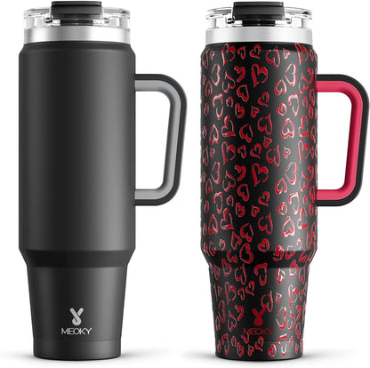 Meoky 40 oz Tumbler with Handle and Straw 2 Pack, Insulated Tumbler with Lid and Straw, Stainless Steel Travel Mug, Keeps Cold for 34 Hours, 100% Leak Proof, Fits in Car Cup Holder (Night & Heart) - 7DAY'S